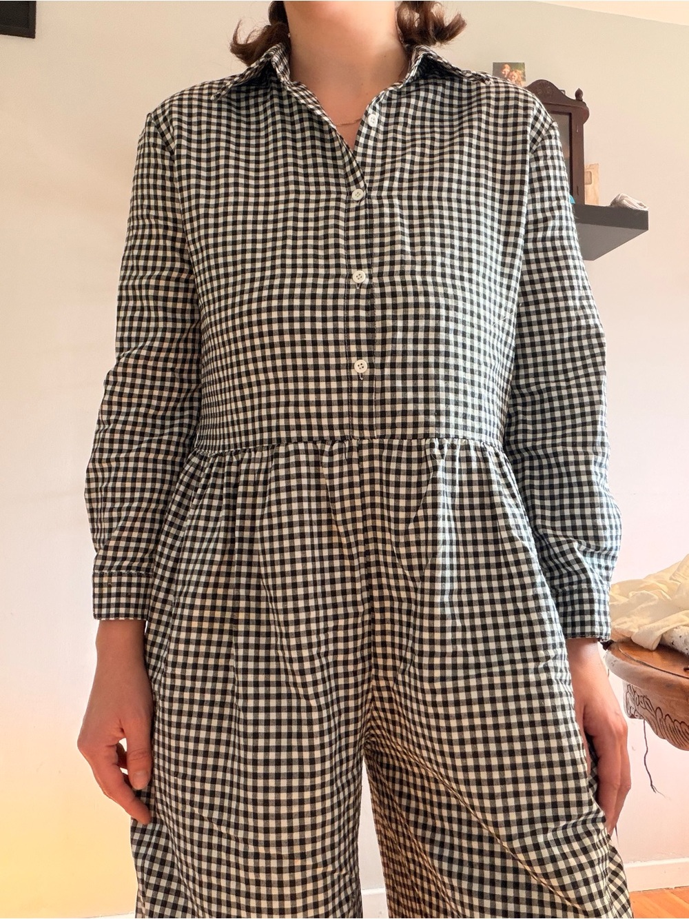 Black & White Gingham Button-Front collared Jumpsuit wide leg